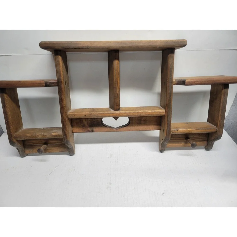 Vintage Rustic Wood Wall Shelf Heart Cutout 2 Pegs Farmhouse Tiered Display 26in